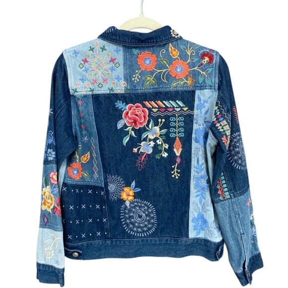 Johnny Was Floral Embroidered Denim Jacket Boho Patchwork Blue Jean Small - Picture 2 of 11